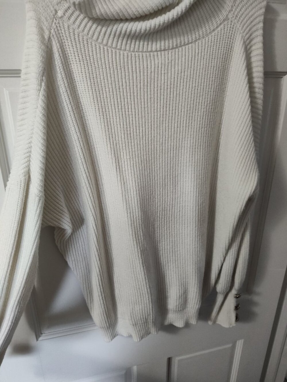 Cream Rib Knit Sweater Funnel Neck Button Cuff Cozy Oversized Pullover